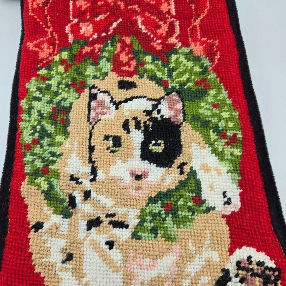 Calico Cat Needlepoint Christmas Stocking Black Velvet Personalized PATCHES 16